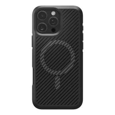 A black iPhone case with a diagonal ribbed texture and a circular MagSafe magnet imprint is shown against a white background.