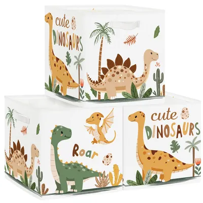 Aufbewahrungsbox 3er-Set, Dino-Design, 30x30x30 cm, mit Griffen