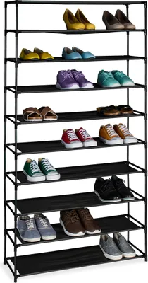 Produktbild von Relaxdays Schuhregal, mit 10 Ebenen, Metall Schuhablage, Stoff Ablage, Schuhgestell für den Flur, Schuhständer, schwarz