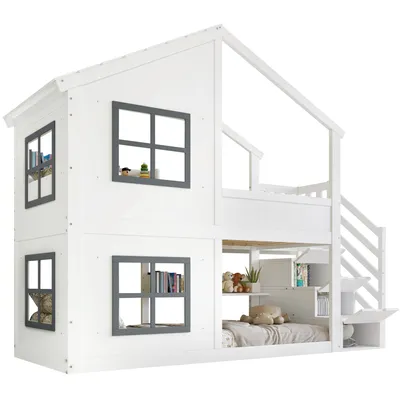Produktbild von Etagenbett mit 2 Liegeflächen, Lattenrost, Regal, Treppe, Stauraum und Rausfallschutz, 90x200cm, Kinderbett, Jugendbett