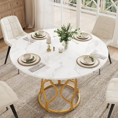 Produktbild von okwish Runder Esstisch mit Stauraum,Metallgestell,Küchentisch für 4–6 Personen,platzsparend, für Küche oder Esszimmer,Gold