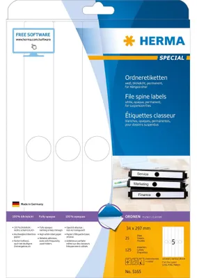 Immagine prodotto di Etichette per cartelle sospese HERMA, bianche opache, 34 x 297 mm, 125 pezzi