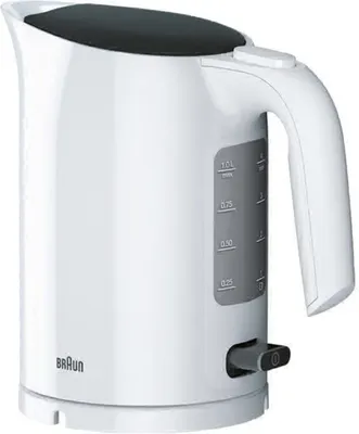 A white Braun electric kettle with a black lid and a gray water level indicator.