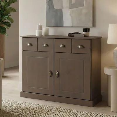 Produktbild von Kommode PARIS aus massiver Kiefer in taupe, schönes Sideboard mit 2 Türen, praktische Apothekerkommode mit 2 Schubladen, zeitlose Schubladenkommode mit Muschelgriffe