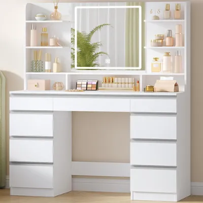 Produktbild von Schminktisch mit LED-Beleuchtung, 3 Farben, Helligkeitsregulierung, Spiegel, 9 Schubladen, 9 offene Ablagen, Weiß-Silber DT41903W