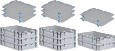 Produktbild von SuperSparSet 8x Eurobox NextGen Economy mit Auflagedeckel und 4x Schiebeschnappverschlüsse Blau | Griffe geschlossen | HxBxT 12x40x60cm | 23 Liter | Eurobehälter, Transportbox, Transportbehälter, Stapelbehälter