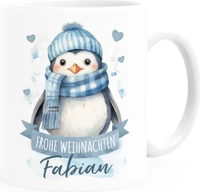 Produktbild von Kindertasse Frohe Weihnachten Tier-Motive personalisiert mit Namen Namenstasse Geschenk für Jungen und Mädchen SpecialMe® Pinguin kunststoff-weiß standard