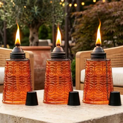 Produktbild von Citronella Öl Brenner Set aus 3 - Dekorative Glasfackeln für außen