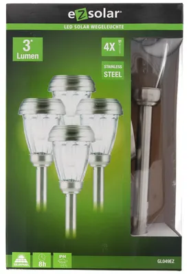 Produktbild von 4er Set LED Solar-Wegeleuchte mit bis zu 3 Lumen, rostfreier Edelstahl, mit Standard NiMH Akku, GL049EZ
