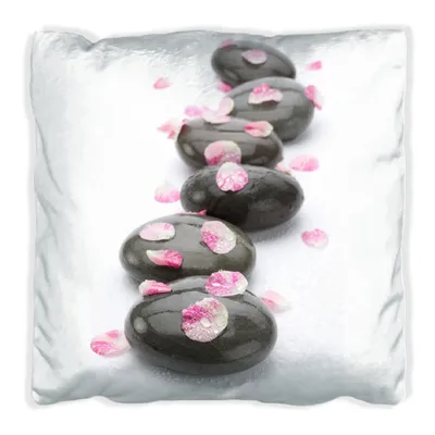 Produktbild von Wallario Premium Kissen, weiche Oberfläche, mit Motiv Dunkle Steine mit Blütenblättern, Größe: 60 x 60 cm, mit weißer Rückseite