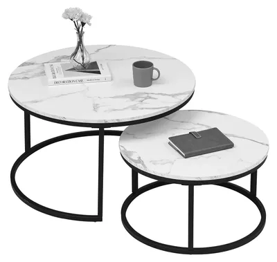 Produktbild von Runder Couchtisch und Beistelltisch - 2-in-1 Set - Marmoroptik - Metallgestell mit Holzplatte - Für Wohnzimmer - 60 cm - Schwarz