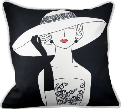 Produktbild von Gilde Kissen "Lady mit Hut" schwarz mit Druck und weißem Rand, Rückseite schwarz bei 30 Grad waschbar Füllung und Hülle 100% Polyester, mit Reißverschluss  H: 45 cm B: 45 cm 44902