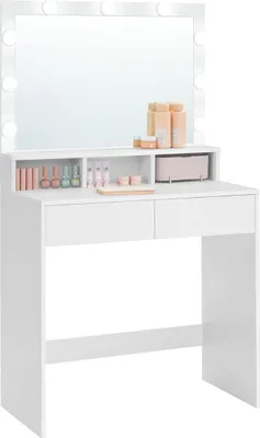 Produktbild von Songmics Schminktisch LED Beleuchtung Spiegel Schubladen, 80 x 40 x 140 cm, Weiss
