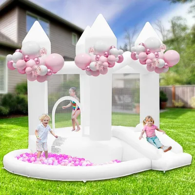 Produktbild von Aufblasbare Burg mit Luftpumpe, aufblasbare Kinderburg mit Rutsche, großes Bällebad für Hochzeit, Party, Garten, Geburtstag, für Kinder im Alter von 3-10 Jahren, bis