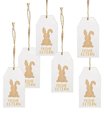 Produktbild von 6 Osteranhänger aus Holz - mit Text Frohe Ostern weiß braun