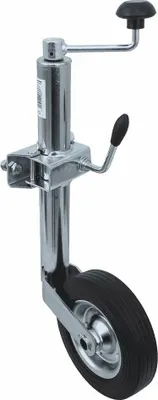 A trailer jack with a wheel, shown in isolation against a white background.