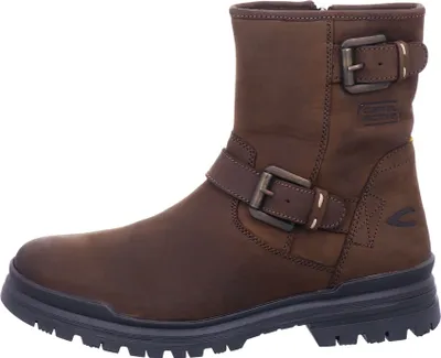 A brown leather boot with buckles.