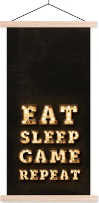 Produktbild von MuchoWow® Textilposter Spiele - Spiele - Zitate - Sprichwörter - Eat sleep game repeat 40x80 cm mit holzfarbenen Rahmen - Wohnzimmer