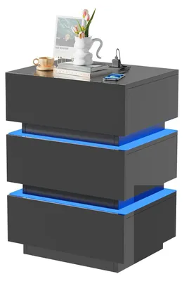 Produktbild von Nachttisch mit Ladestation - Nachtschrank - LED Beleuchtung - 3 Schubladen - 2 USB Anschlüsse - 45x35x62 cm - Schwarz