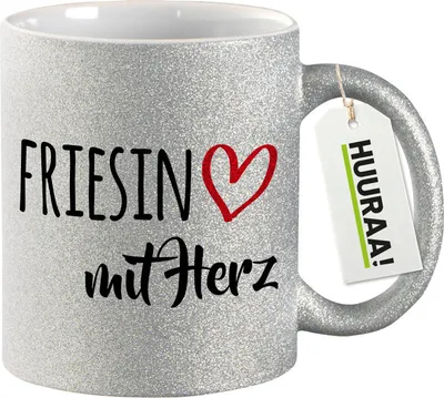 Produktbild von Huuraa Glitzertasse Friesin mit Herz 330ml Silber Keramik Kaffeebecher Geschenkidee