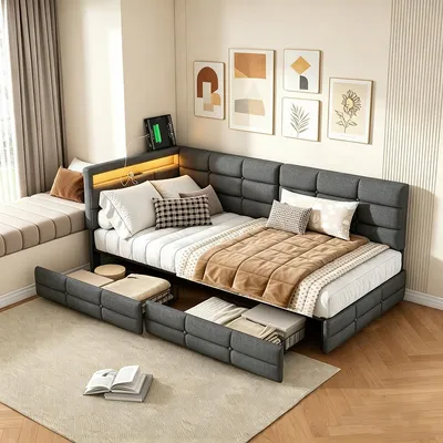 Produktbild von INONEFT Polsterbett Einzelbett 90×200cm,Tagesbett mit LED und USB/C,L-förmiges Holz-Plattformbett mit 2 Schubladen und Lattenrost,Leinen, Grau