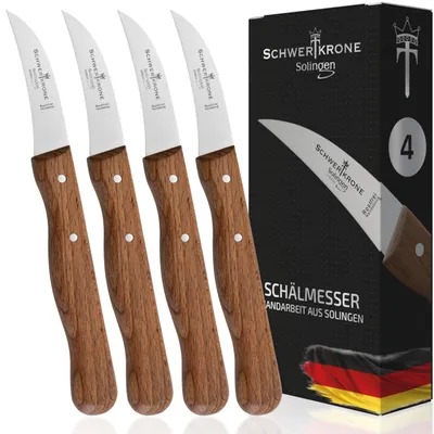 Produktbild von SCHWERTKRONE® Schälmesser gebogen Premium 4er Set [ SOLINGEN - GERMANY] - Gemüsemesser Obstmesser - Küchenmesser klein scharf - Schneidemesser Kartoffelschälmesser - Allzweckmesser (4x 15,5 cm)