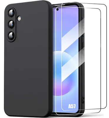 Image de Coque + 2 Verres Trempés pour Samsung Galaxy A57 5G, Silicone Doux Léger Anti-Rayures Mat Noir