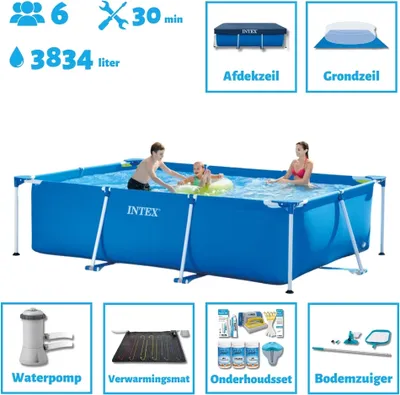 Produktbild von Intex-Schwimmbecken mit rechteckigem Rahmen – 300 x 200 x 75 cm – Blau – im Lieferumfang enthalten Abdeckung - Bodenplane - Filterpumpe für Schwimmbad - Solarmatte - Wartungspaket - Reinigungskit