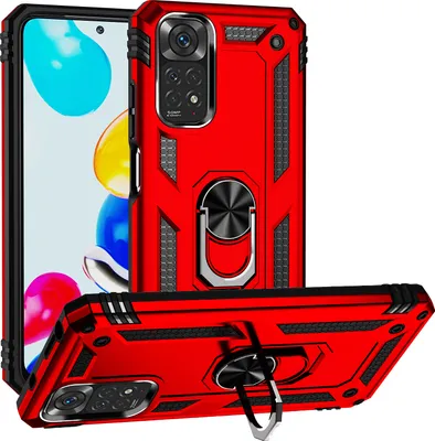 Obrázek produktu pro Pouzdro pro Xiaomi Redmi Note 11 / Note 11S dvouvrstvé robustní, vojenská ochrana pouzdro s držákem prstenu a stojánkem červené