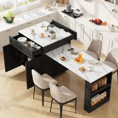Produktbild von Ausziehbare Kücheninsel mit Stauraum, Stehtisch 133–202×70×93,5 cm, 2 Schubladen und 2 Fächer, Küchen-Esswagen mit seitlichen Ablagen, Weiß für Küche, Esszimmer und Wohnzimmer