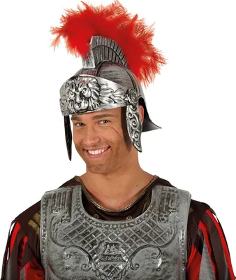 Immagine prodotto di Elmo da gladiatore romano Antico costume da guerriero Accessorio dal design vintage con accenti rossi per feste di carnevale ispirate a romani e greci, Colore: argento