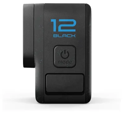 Close-up of the side of a black GoPro HERO12 Black action camera, showing the '12 BLACK' logo and the mode button.