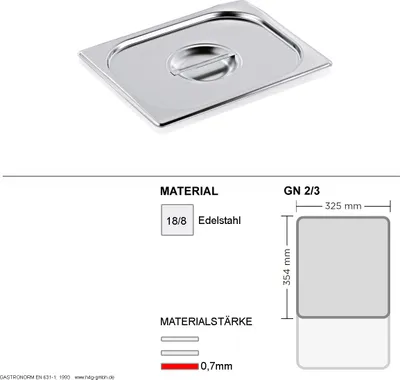 Gastronorm Deckel GN 2/3 - GN90 - 18/8 Edelstahl - 0,7mm