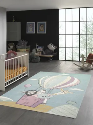 Produktbild von Kinderteppich Heißluftballon Tiere in pastell blau Größe - 160 x 230 cm