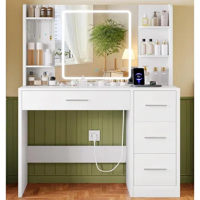 Image de Table de maquillage avec miroir et éclairage LED, 3 modes d'éclairage, 4 tiroirs, 4 étagères ouvertes, blanche