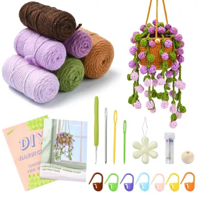 Produktbild von Häkelset mit lila Blumenampel, Wollgarn, für Anfänger, Heimdekoration, 18 cm