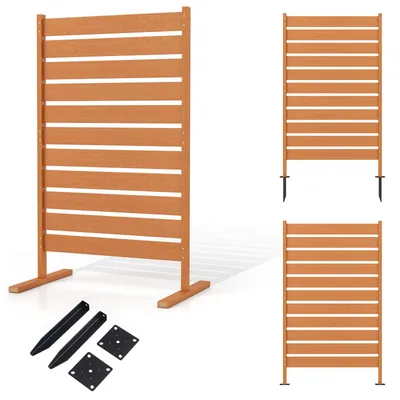 Produktbild von COSTWAY Gartenzaun wetterfest 93x154,5cm, Sichtschutzzaun Holzoptik mit Spießen aus HIPS & Metall, Paravent Raumteiler freistehend Outdoor Braun