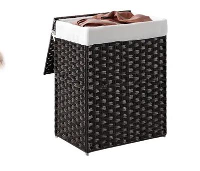 Produktbild von Schwarzer Wäschekorb, handgeflochtenes Rattan, wasserabweisend, 46 x 33 x 60 cm