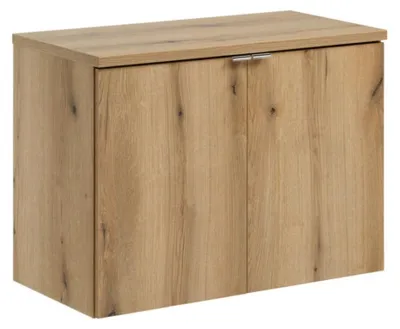 Image de Ensemble de salle de bain suspendu VANO aspect chêne 80cm : meubles sous vasque à placards + plan pour vasque