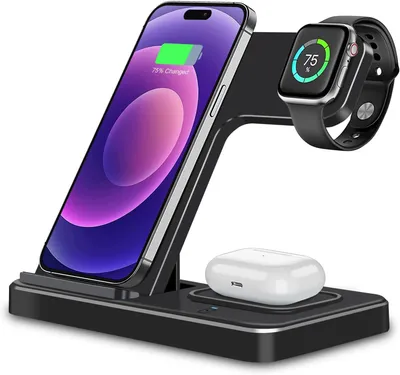 A black charging station with an iPhone, Apple Watch, and AirPods charging.