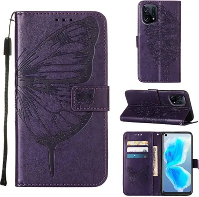 Produktbild von OPPO Find X5 Hülle, Schmetterling Prägung Flip Leder Kartenfächer Schutzhülle Ledertasche mit Ständer für OPPO Find X5 Lila