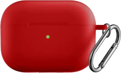 A red silicone case for Apple AirPods Pro 2 with a silver carabiner attached.