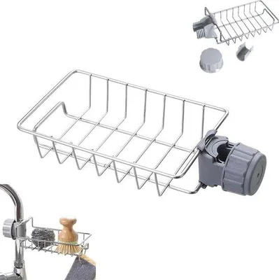 Image de Organisateur d'évier - Rangement - Porte-torchon - Organisateur d'évier - Organisateur de cuisine - Rangement et organisation - Porte-brosse et porte-éponge pour évier - Robinetterie de cuisine - Porte-savon - Égouttoir - Salle de bains - Étagère de rangement pour évier - Acier