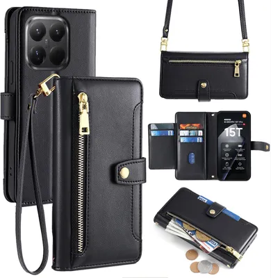 A collage of images showing a black leather phone case with a wallet and crossbody strap.