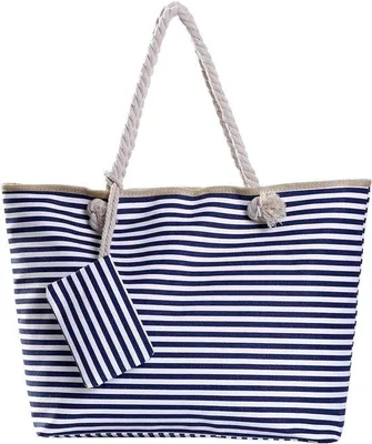 Produktbild von Grosse Sonnenstundentasche XXL, Damenbeutel mit Schultertrag, praktische Strandtasche für Damen für ein Tag am Strand und am Meer - dunkelblaue Stripes auf weißem Hintergrund.