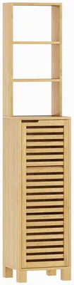 Produktbild von Badezimmerschrank schmal, Hochschrank mit 3 offenen Regalen, verstellbaren Regalen, Lamellentür, 34 x 30 x 170 cm Natur
