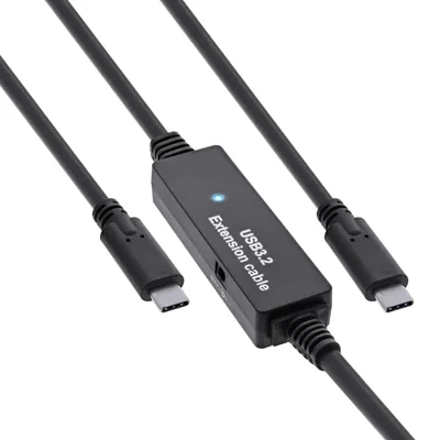 Produktbild von InLine USB 3.2 Gen.1 Aktiv-Kabel, USB-C Stecker an USB-C Stecker, schwarz, 10m, 10 m, USB C, USB A, USB 3.2 Gen 1 (3.1 Gen 1), 5 Gbit/s, Schwarz