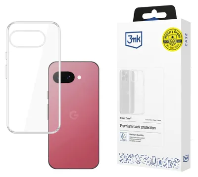 A clear phone case and a pink smartphone are shown next to a product box for a phone case.