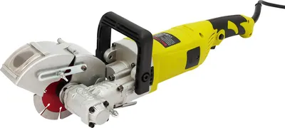 A yellow and silver electric wall chaser with a black handle is shown against a white background.