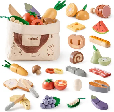 Produktbild von Spielküche Set, 4-in-1, Holz, mit Schneidespielzeug und Aufbewahrungstasche, für Kinderküche